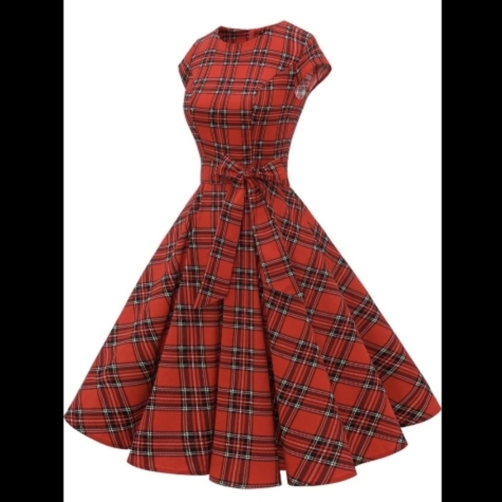 Red Plaid Midi Dress